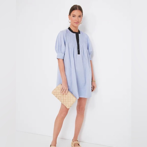 Pomander Place Dresses & Skirts - Pomander Place Blue Annalee Dress w Black Trim Babydoll Pleated Yoke Collar Puff
